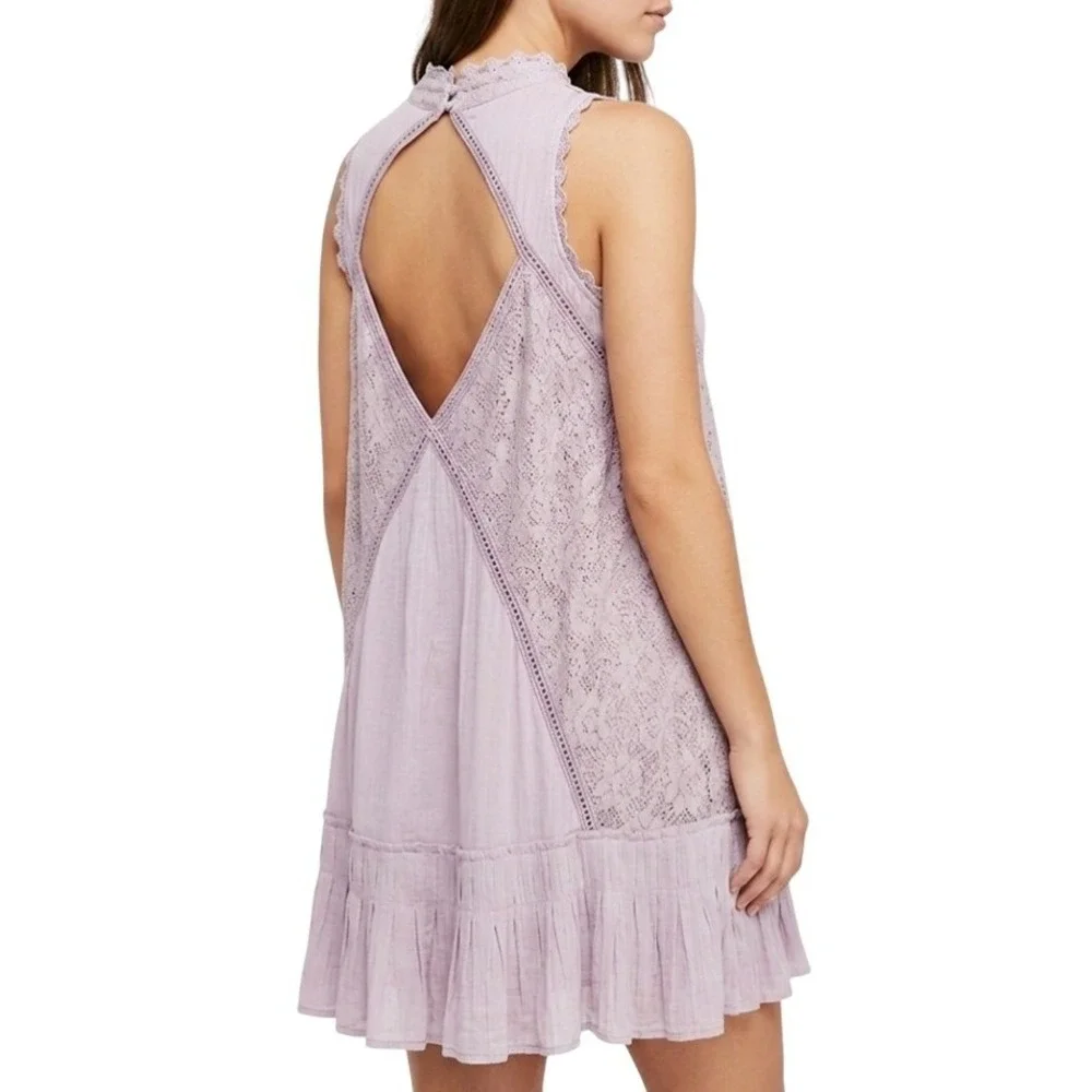 Free People Mini Dress Womens S Lavender Boho Lace‎ Crochet Open Back Sleeveless
